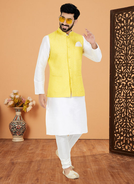 Resham Thread Work Dupion Silk White, Yellow Kurta Payjama With Jacket - M5469