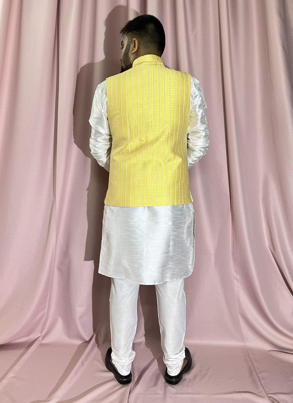 Fancy Work Jacquard, Silk White, Yellow Kurta Payjama With Jacket - M5885