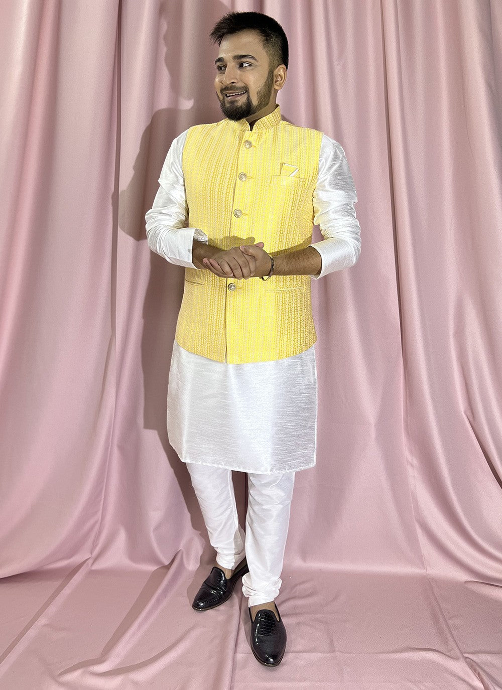 Fancy Work Jacquard, Silk White, Yellow Kurta Payjama With Jacket - M5885