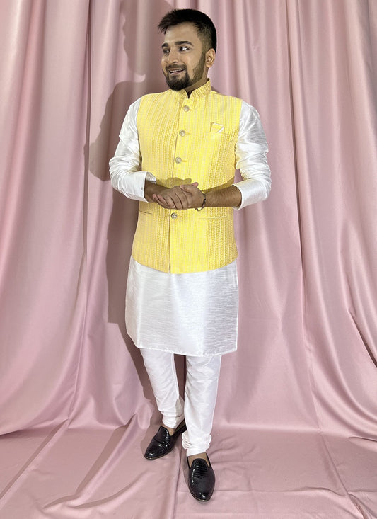 Fancy Work Jacquard, Silk White, Yellow Kurta Payjama With Jacket - M5885