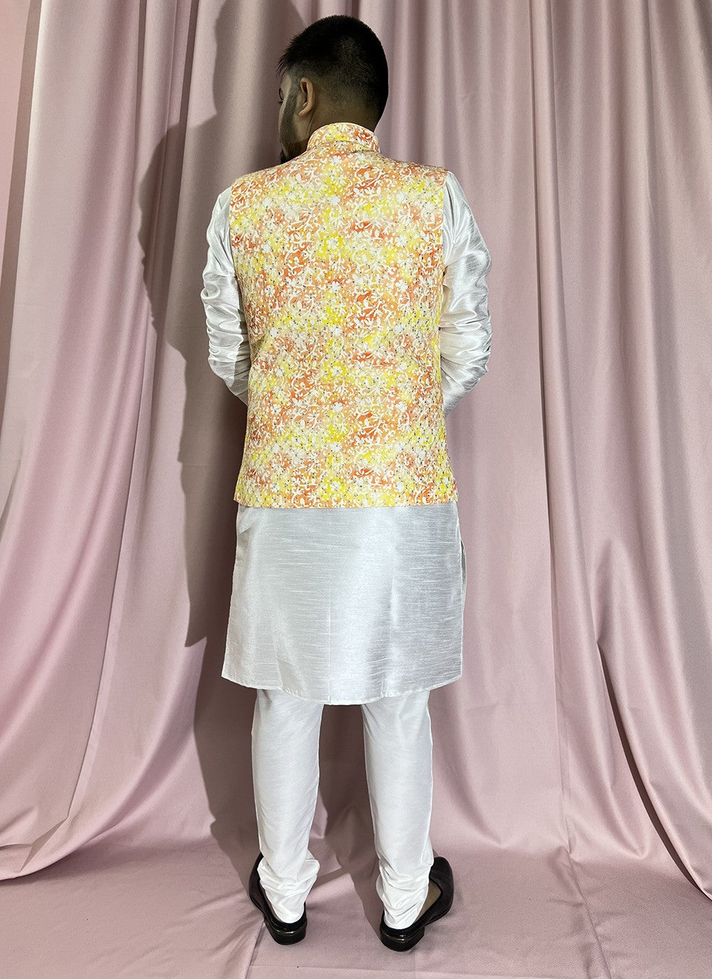 Embroidered Rayon, Silk White, Yellow Kurta Payjama With Jacket - M5901
