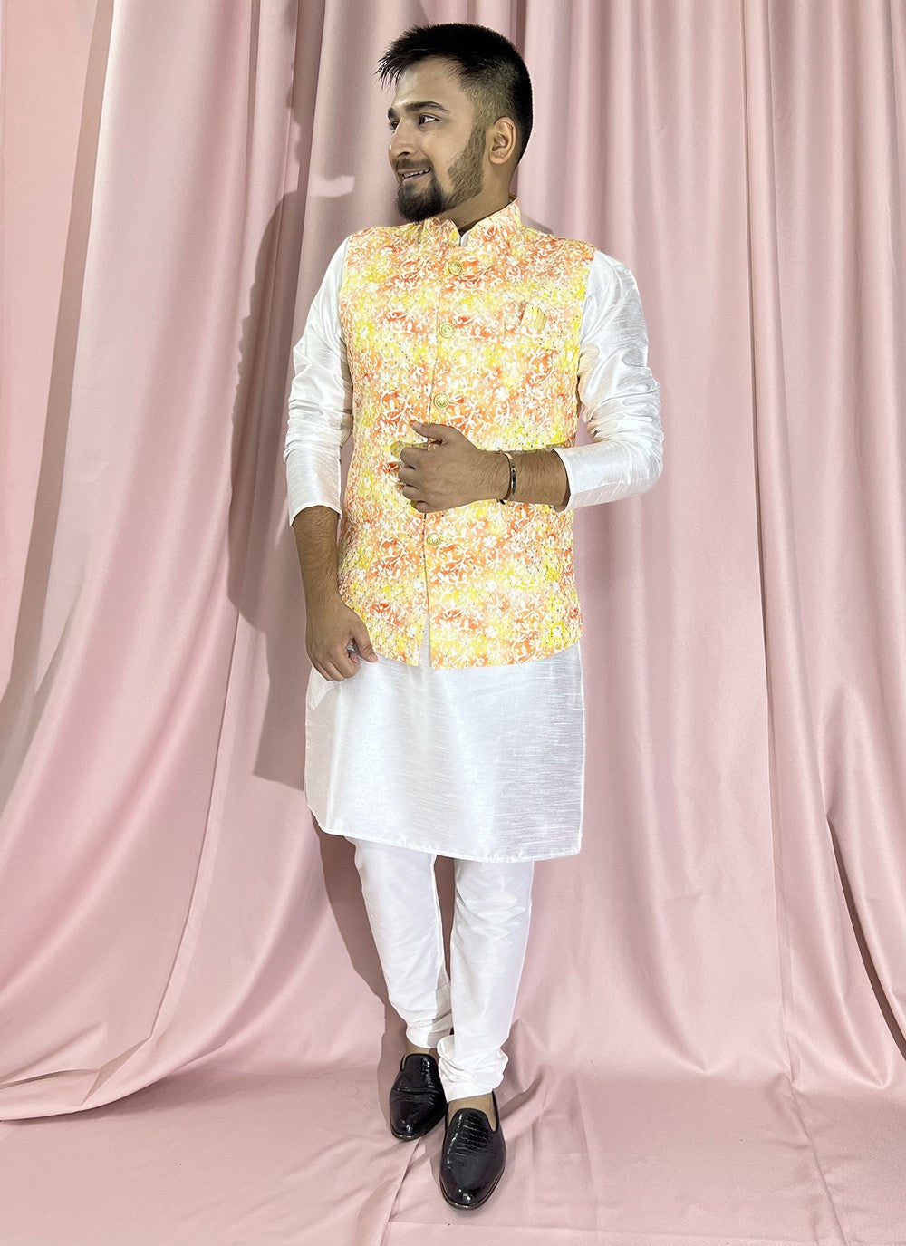 Embroidered Rayon, Silk White, Yellow Kurta Payjama With Jacket - M5901