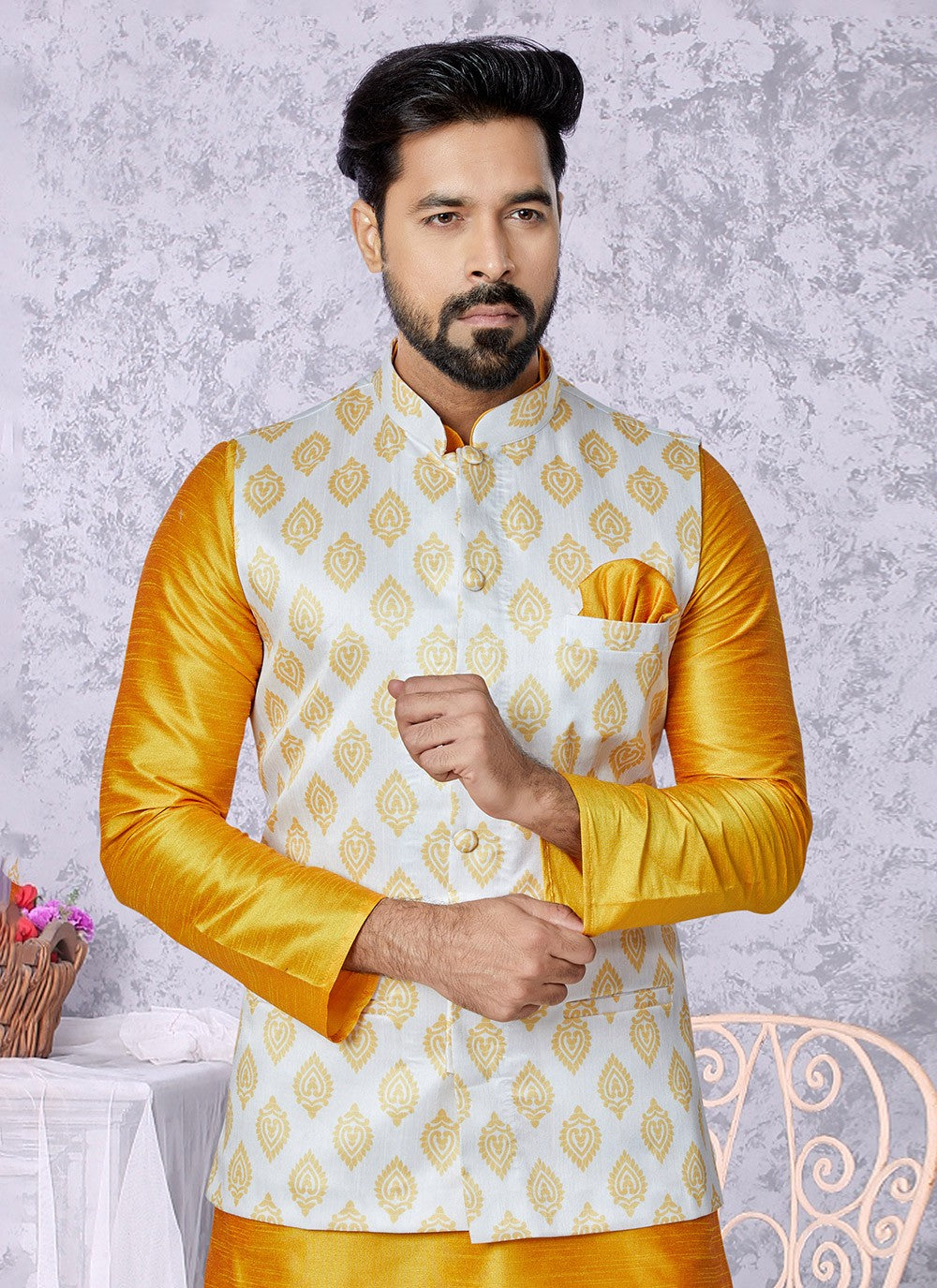 Fancy Work Banarasi Silk White Nehru Jackets - M7500