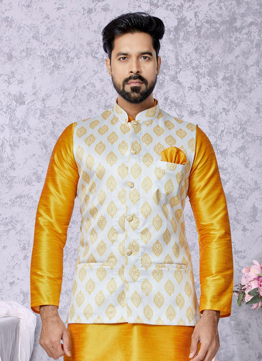 Fancy Work Banarasi Silk White Nehru Jackets - M7500