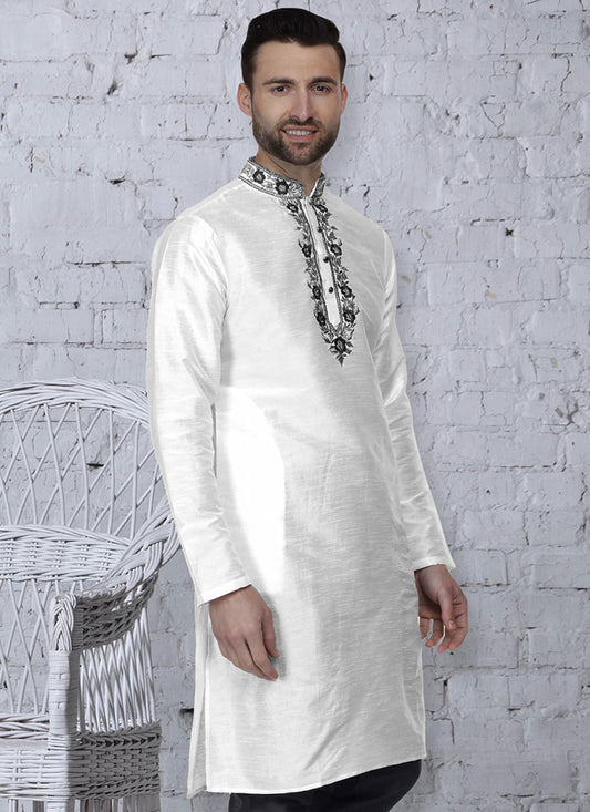 Embroidered Art Dupion Silk White Kurta - M1459