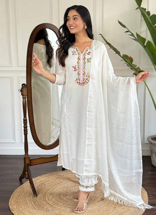 Embroidered Chanderi White Salwar Suit T6041