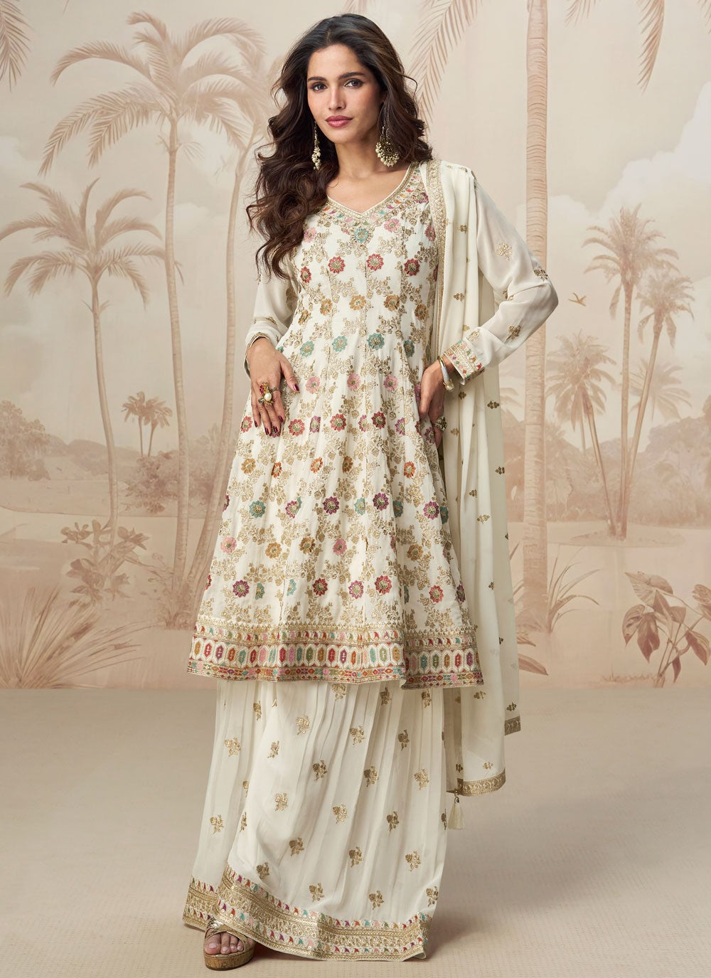 Embroidered Georgette White Palazzo Suit T6072
