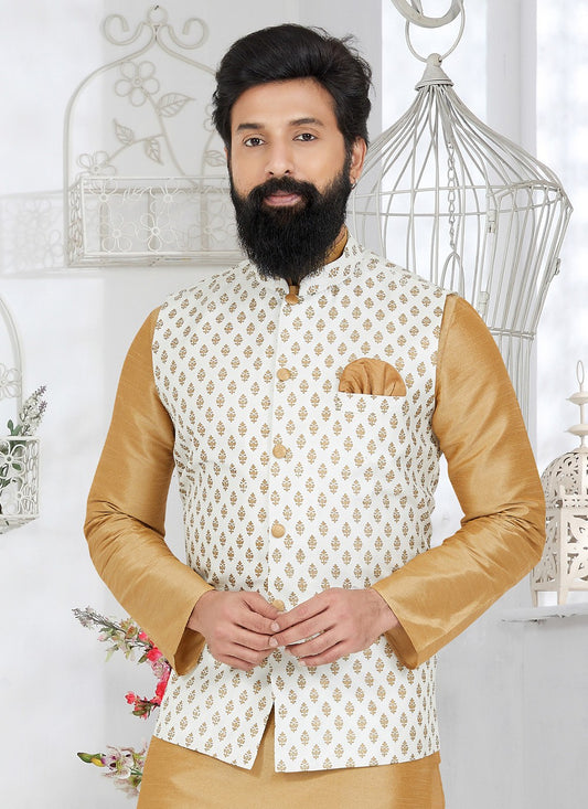 Printed Banarasi Silk White Nehru Jackets - M7480