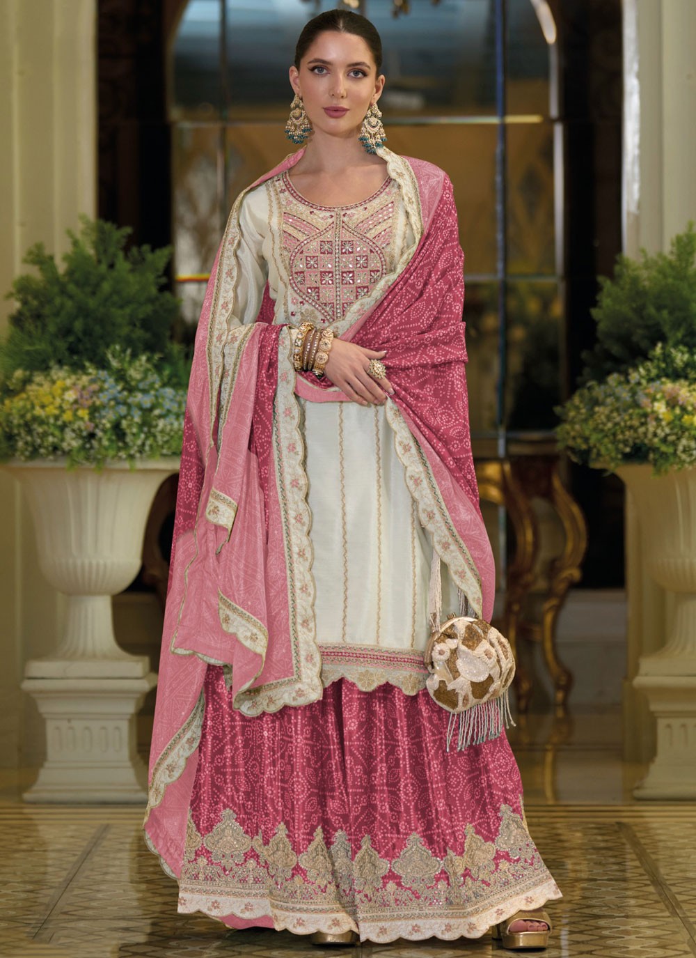 Sharara Suit Embroidered, Stones, Zari White T6767