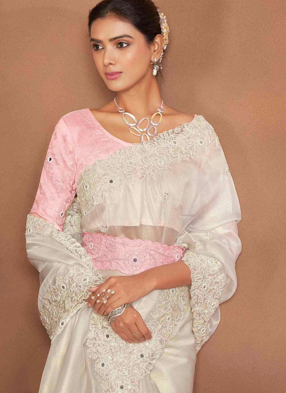Designer Embroidered White Silk Saree S13385