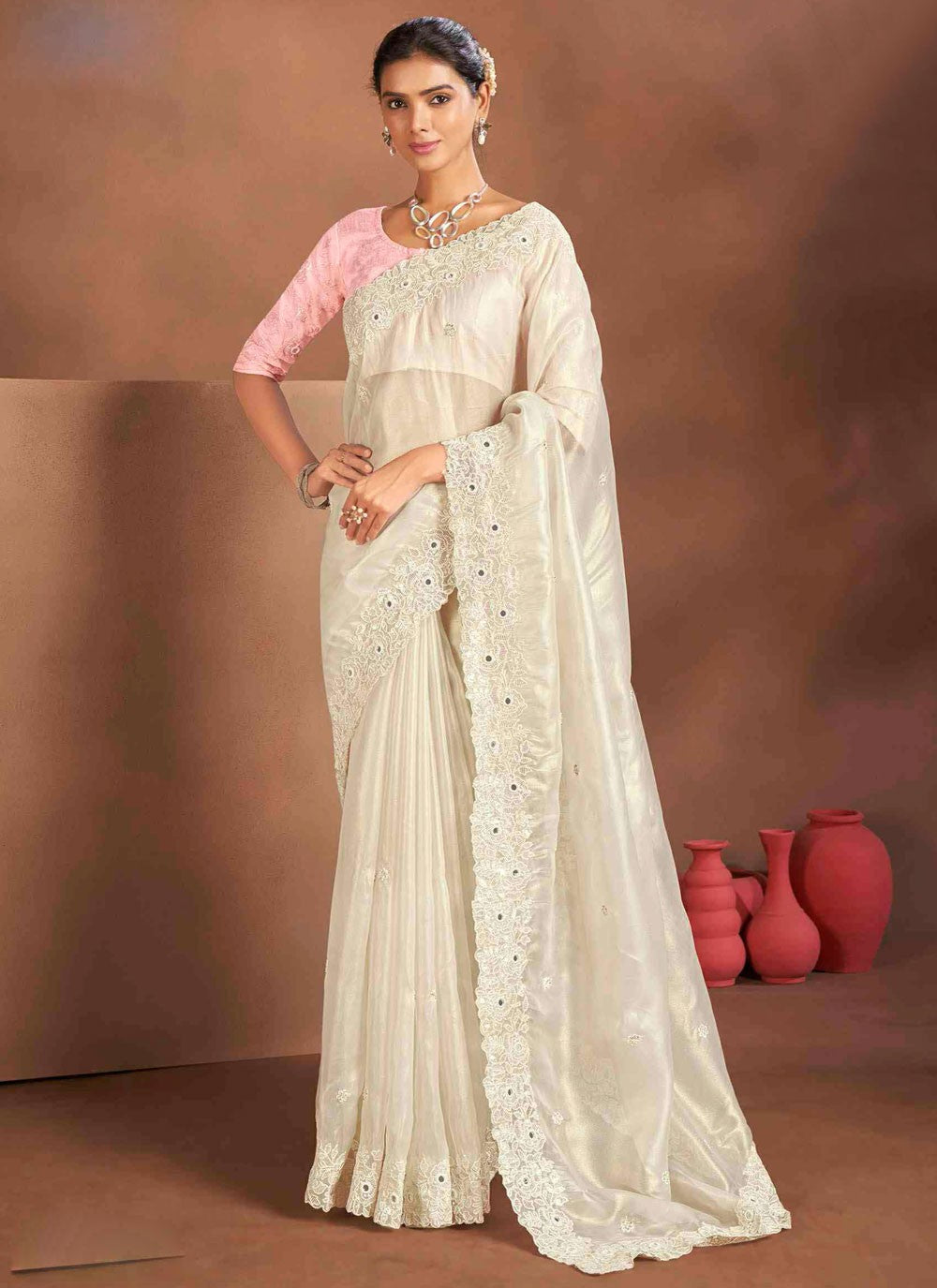 Designer Embroidered White Silk Saree S13385