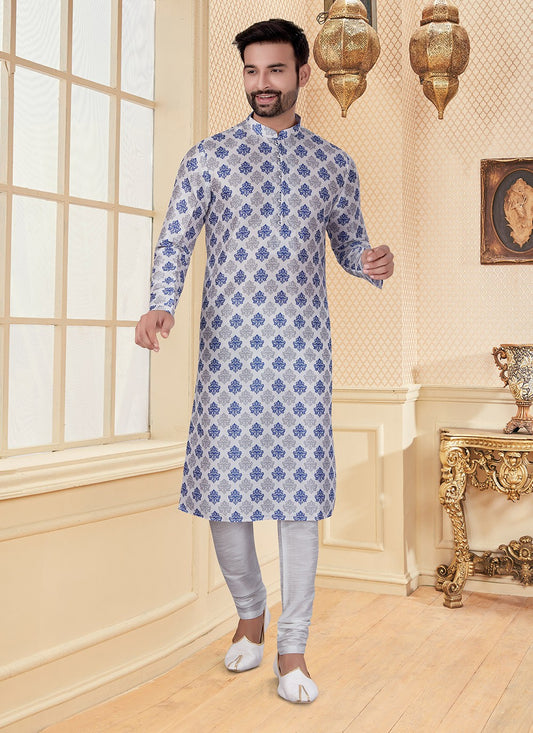 Digital Print Silk White Kurta - M5599