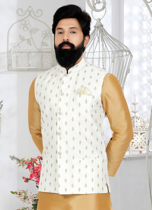 Printed Banarasi Silk White Nehru Jackets - M7493