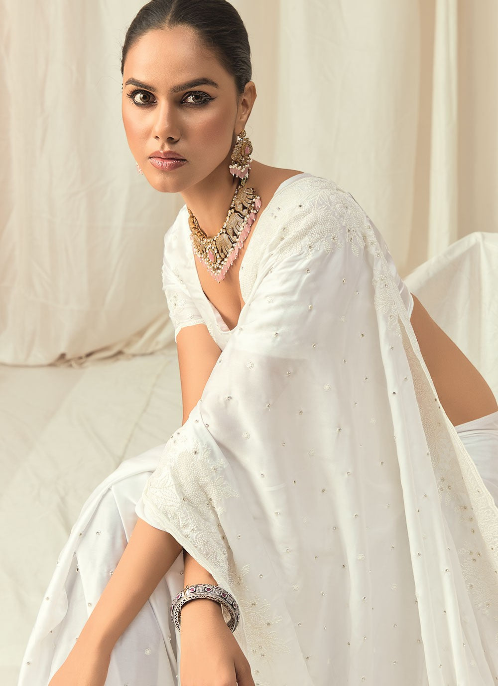 White Satin Trendy Saree Beads, Embroidered, Floral Printed, Sequins, Thread S18820