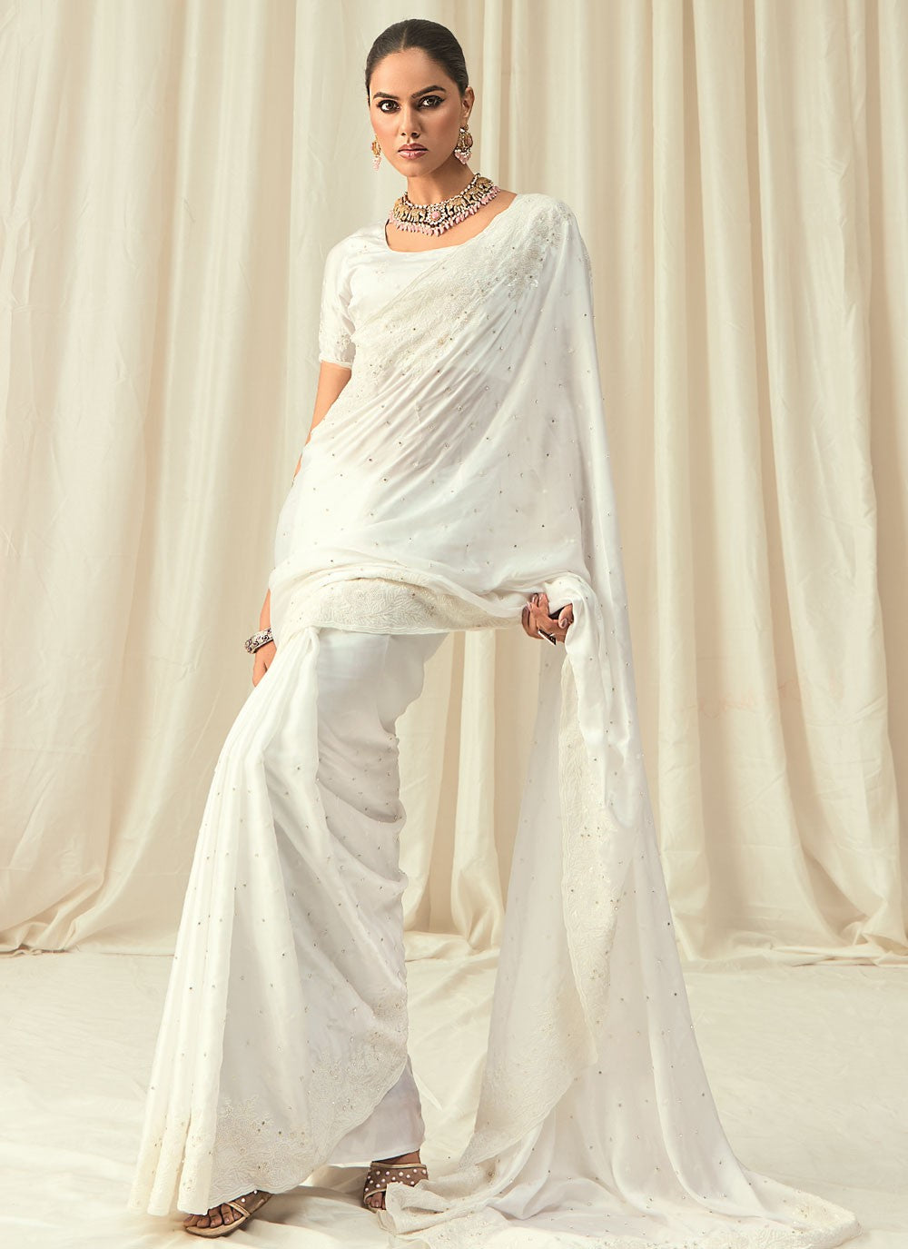 White Satin Trendy Saree Beads, Embroidered, Floral Printed, Sequins, Thread S18820