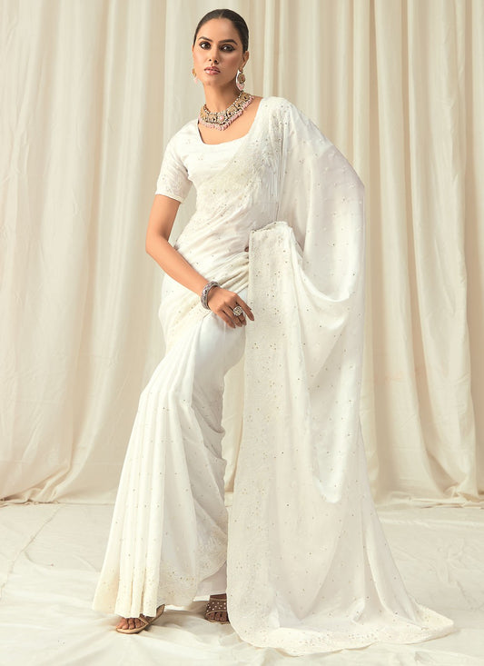 White Satin Trendy Saree Beads, Embroidered, Floral Printed, Sequins, Thread S18820
