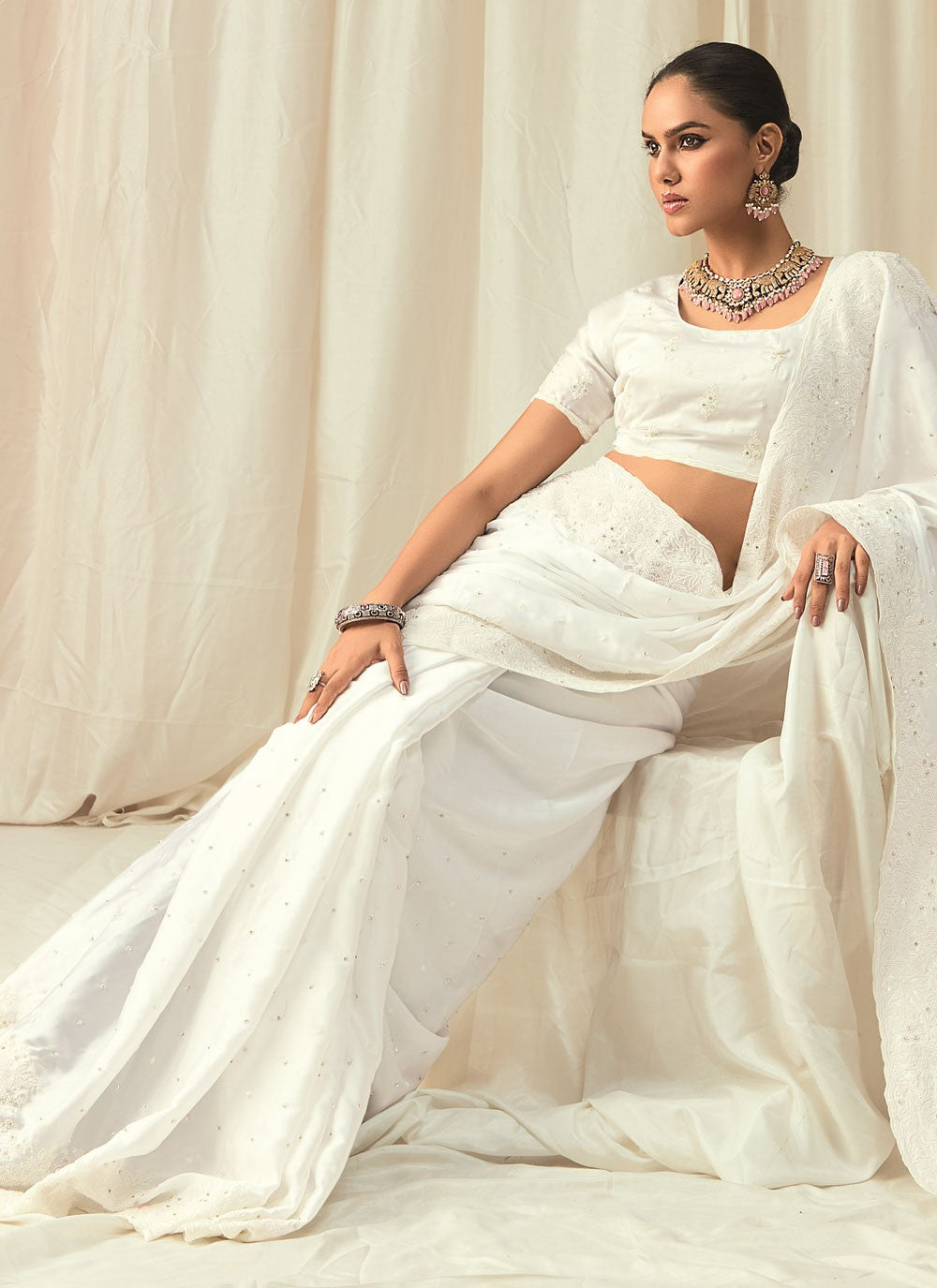 White Satin Trendy Saree Beads, Embroidered, Floral Printed, Sequins, Thread S18820