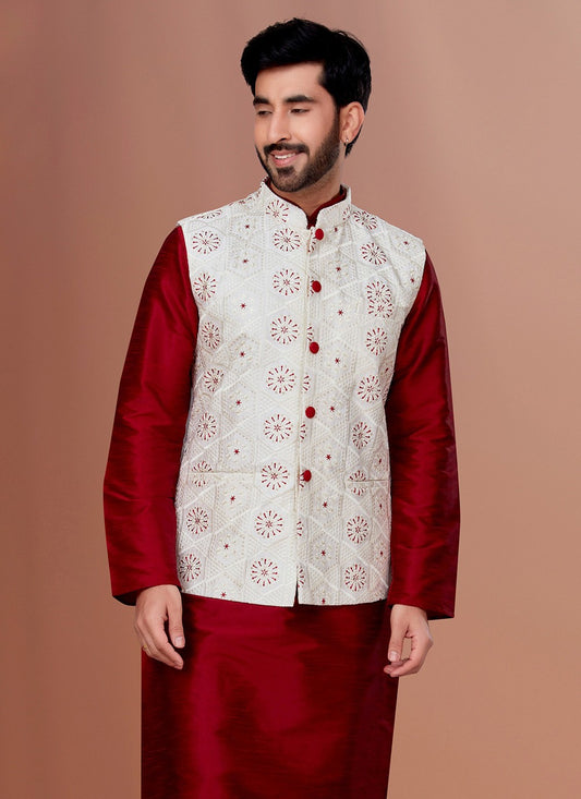 Embroidered Cotton White Nehru Jackets - M7370