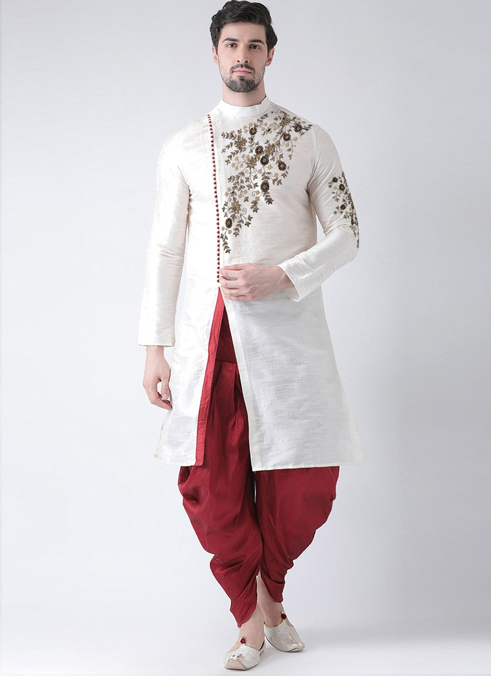 Embroidered Dupion Silk White Angrakha - M3200