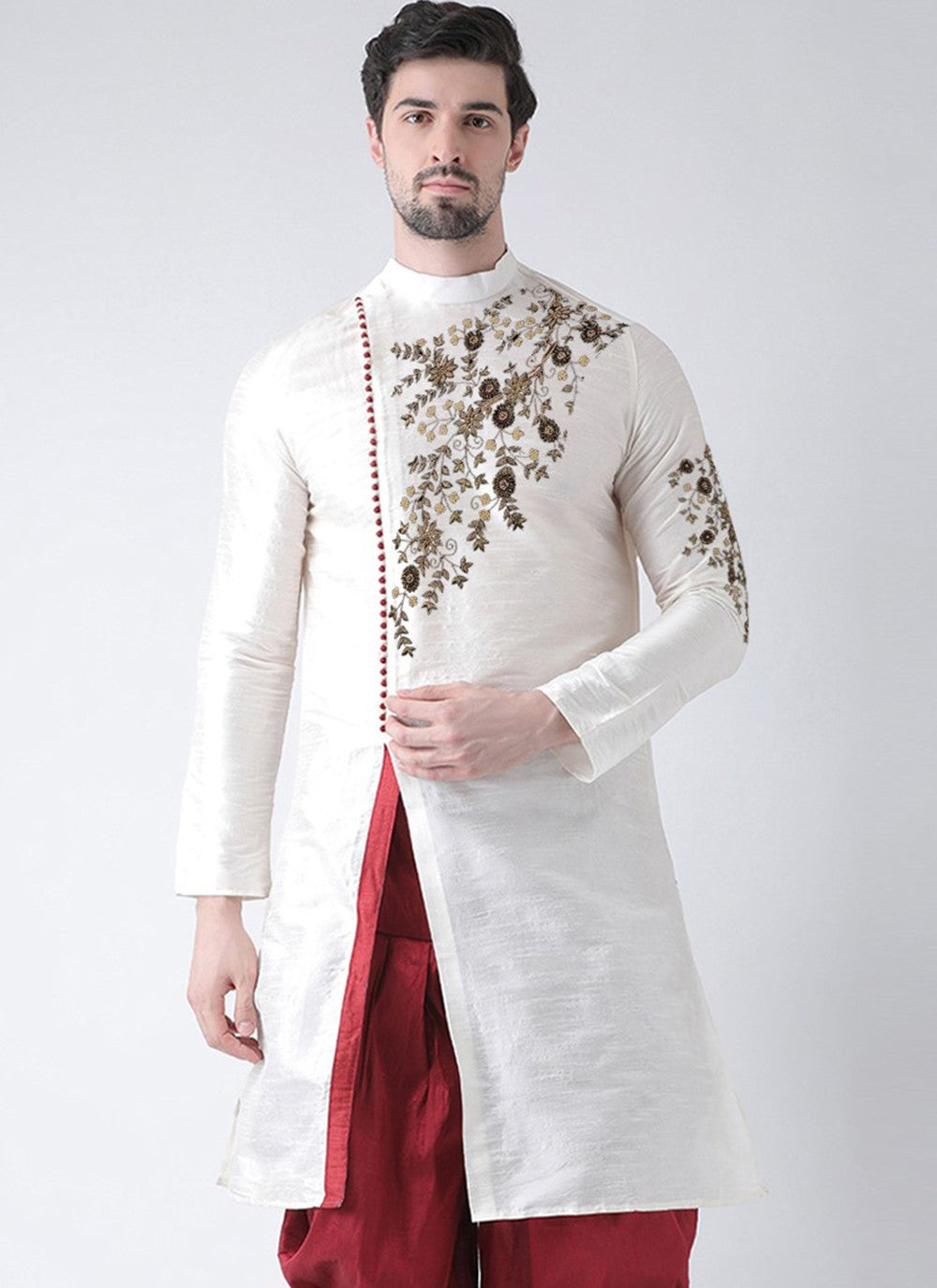 Embroidered Dupion Silk White Angrakha - M3181