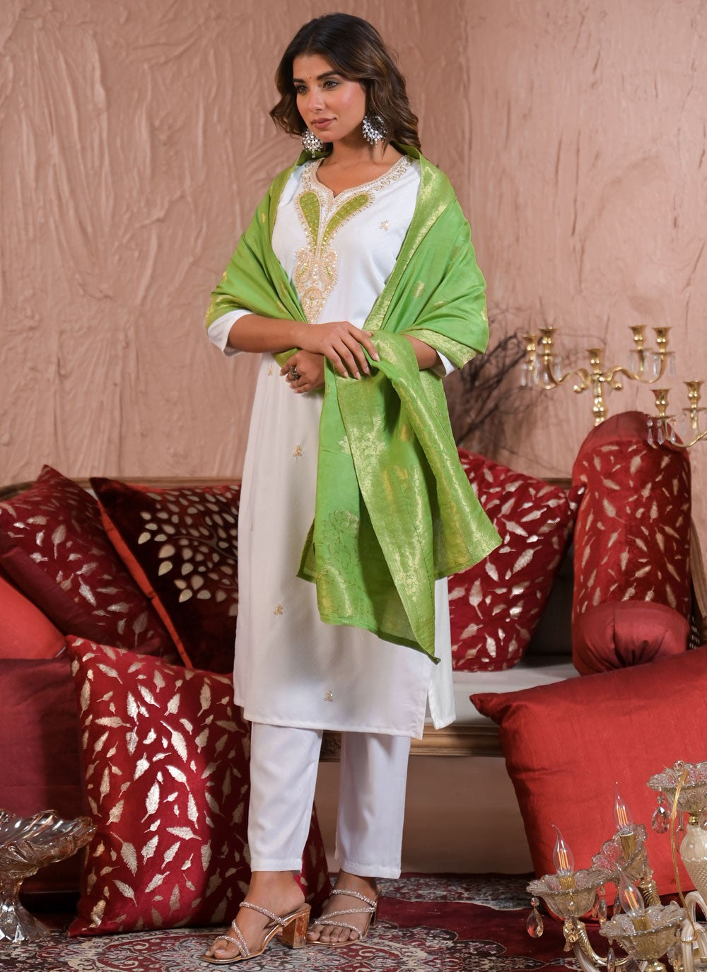 Pant Style Suit Embroidered, Sequins, Zari White T7005