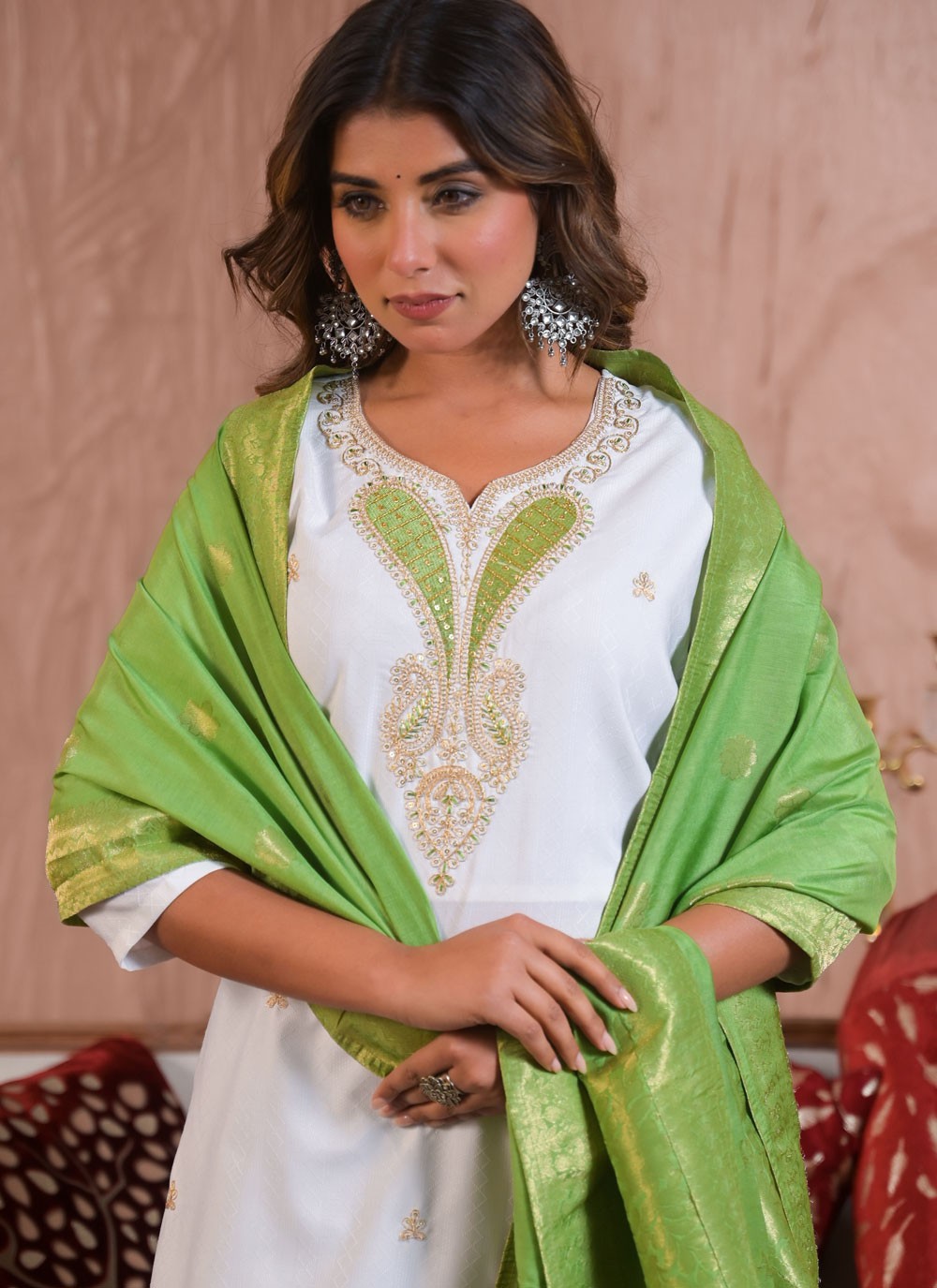 Pant Style Suit Embroidered, Sequins, Zari White T7005