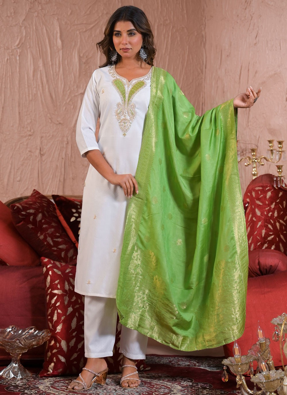 Pant Style Suit Embroidered, Sequins, Zari White T7005