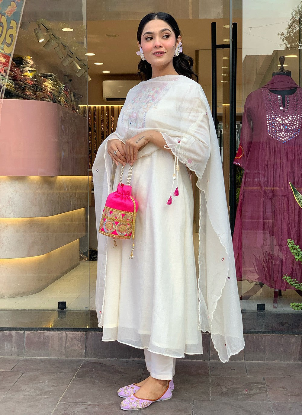 Embroidered Chanderi Silk White Pant Style Suit T6257