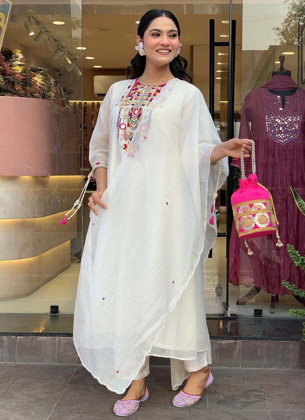 Embroidered Chanderi Silk White Pant Style Suit T6257