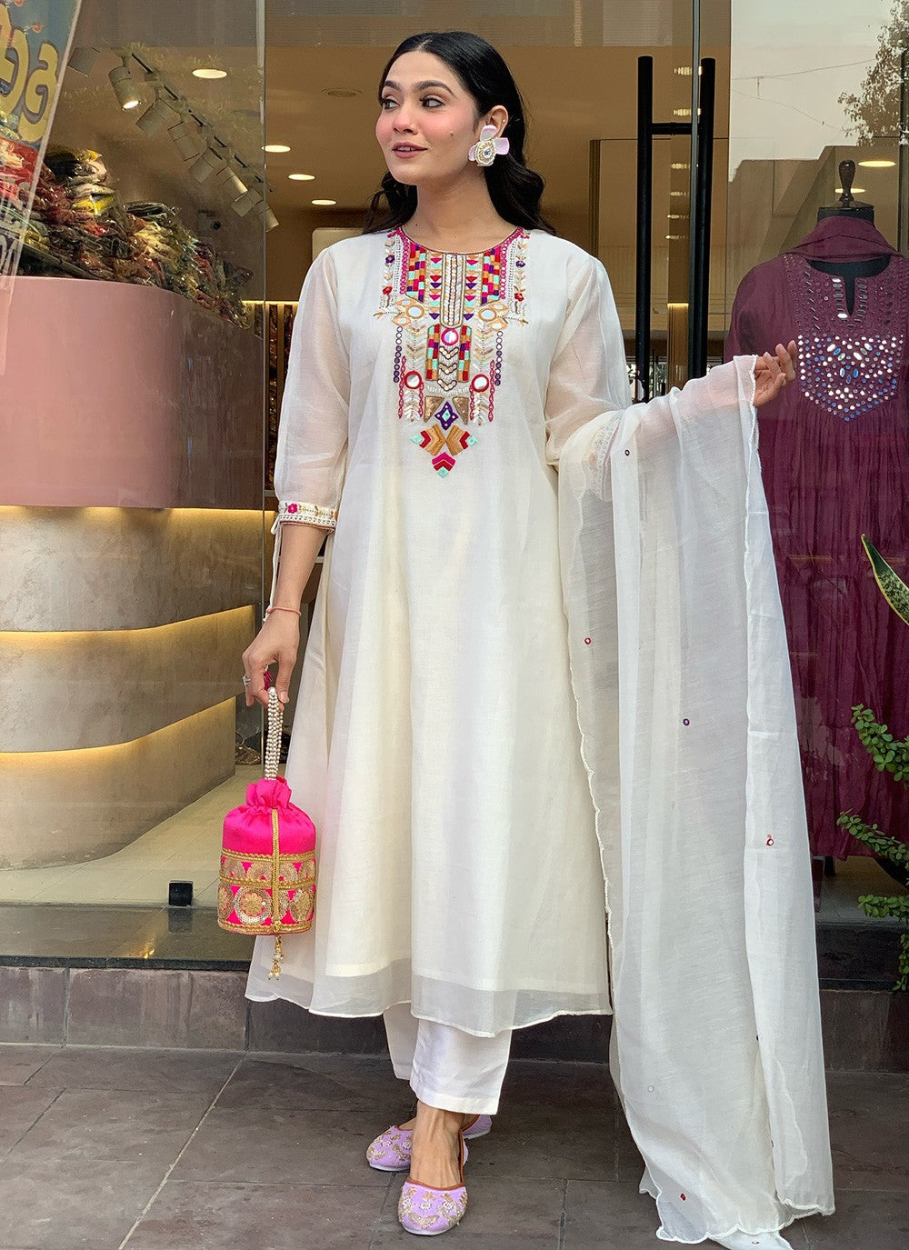 Embroidered Chanderi Silk White Pant Style Suit T6257