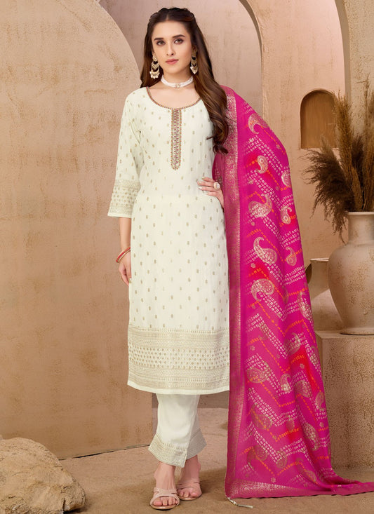 Pant Style Suit Embroidered, Zari White T7978