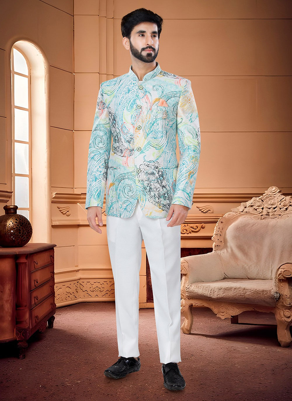 Printed Satin White Jodhpuri Suit - M4327
