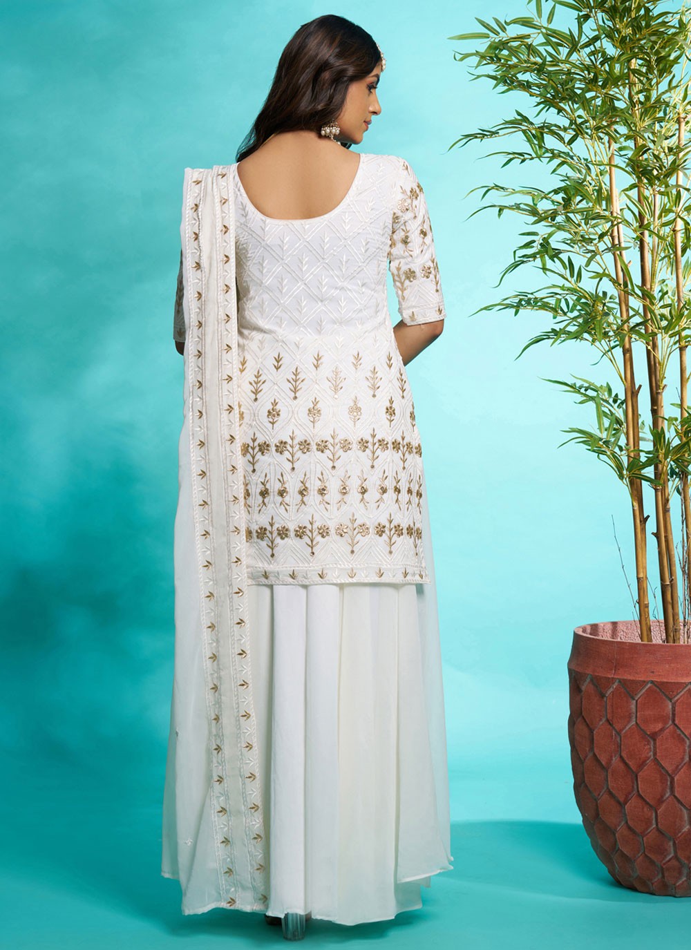 Salwar Suit Embroidered White Faux Georgette T5619