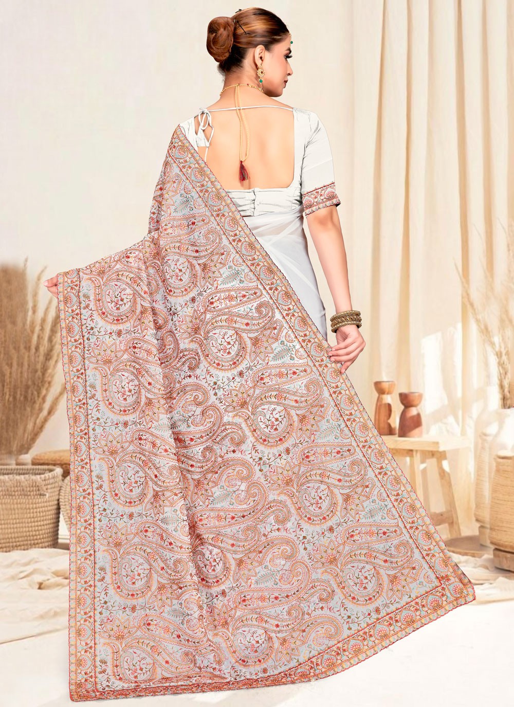 White Georgette Traditional Saree Embroidered, Resham S19834