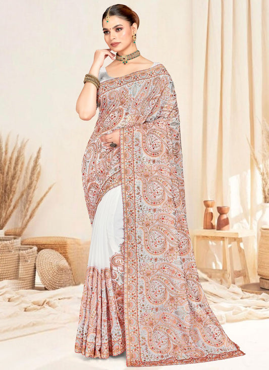 White Georgette Traditional Saree Embroidered, Resham S19834