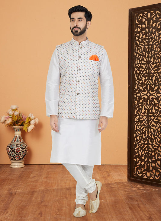 Embroidered Banarasi Silk, Polyester White Kurta Payjama With Jacket - M5537