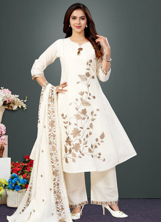 Pant Style Suit Embroidered, Floral Printed White T8397