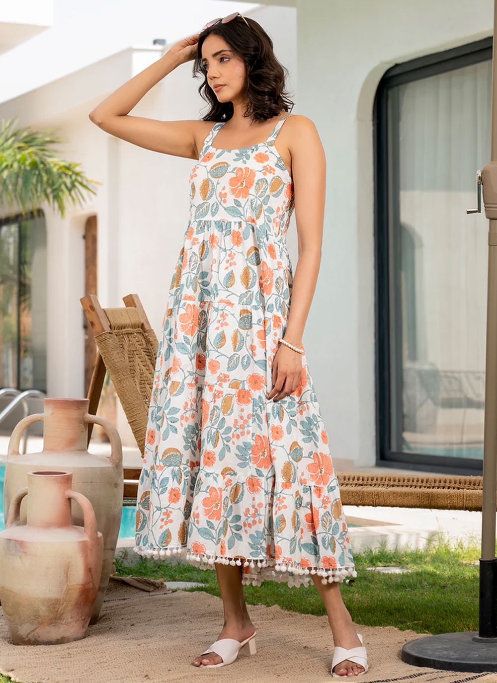 Floral Printed Cotton White Gown G1946