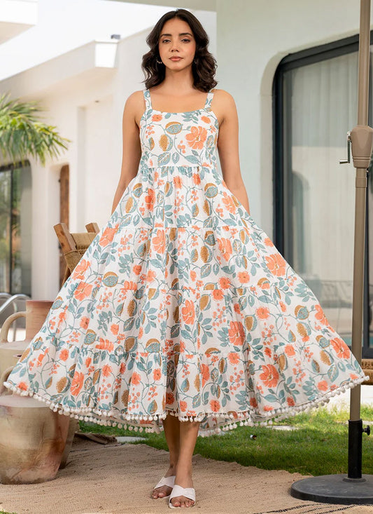 Floral Printed Cotton White Gown G1946