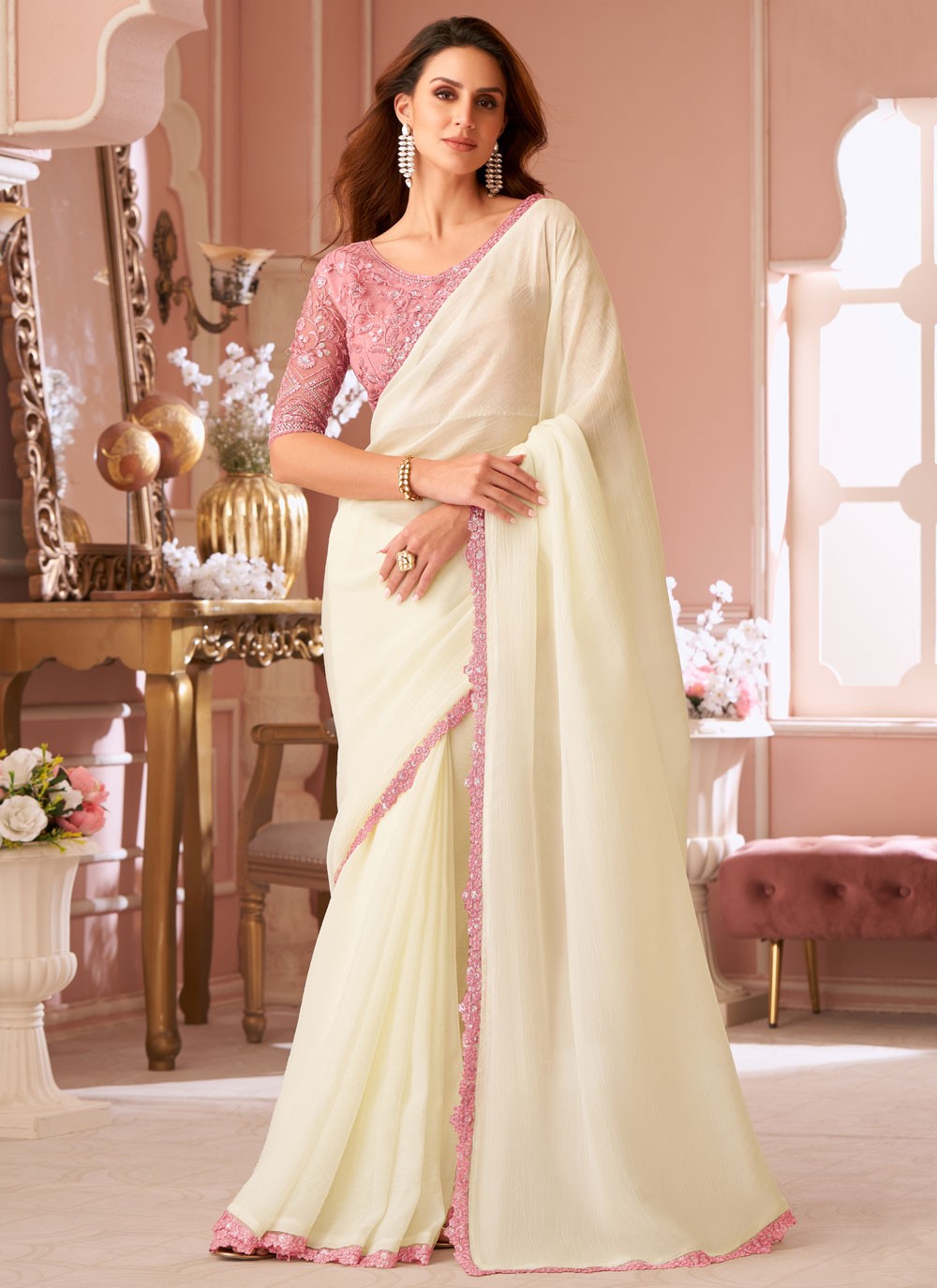 Designer Border Work White Georgette Saree S13645