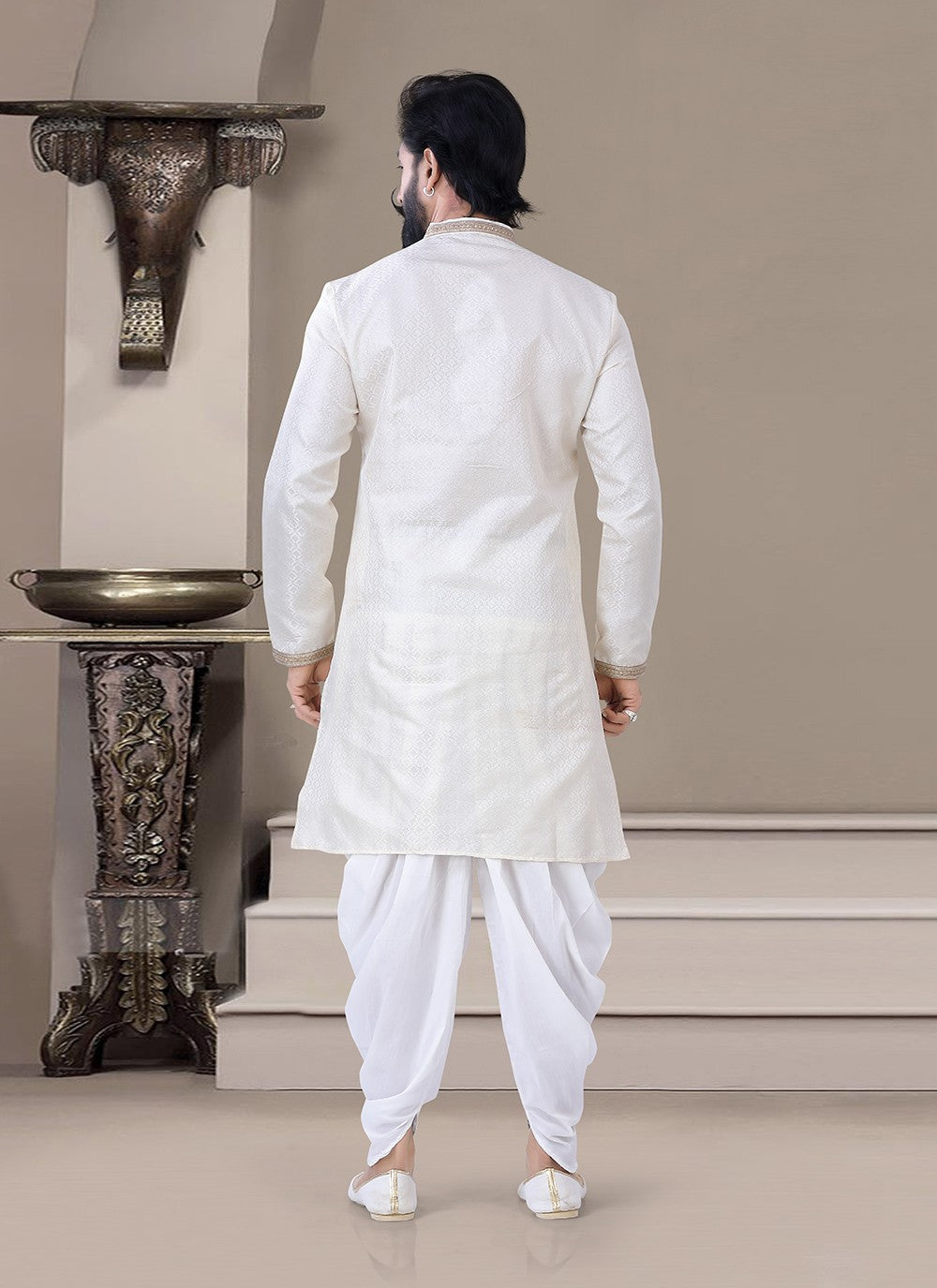 Thread Jacquard White Dhoti Kurta - M3458