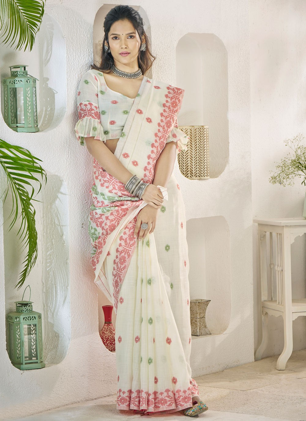 Aari Work Linen White Saree S13905