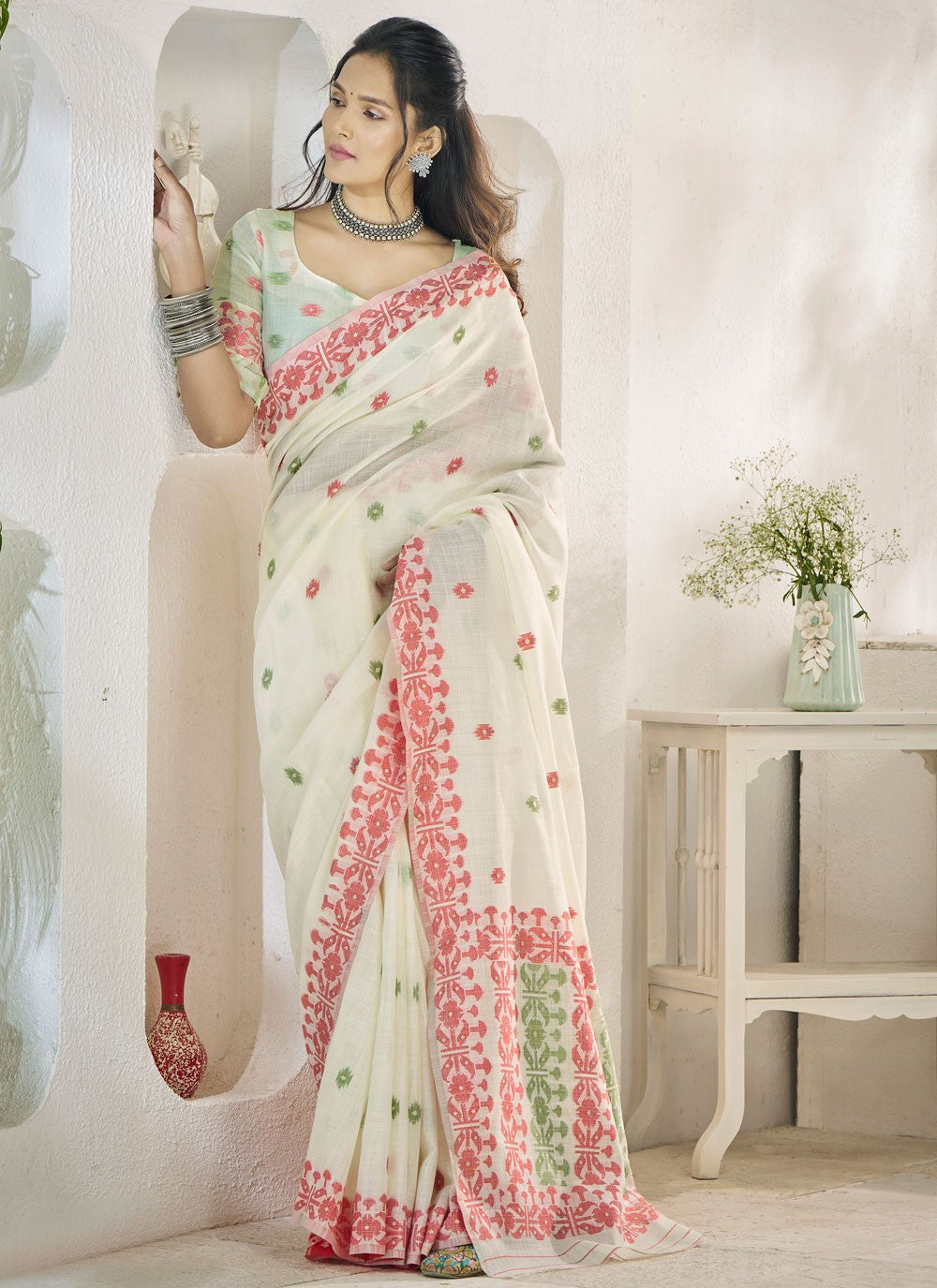 Aari Work Linen White Saree S13905