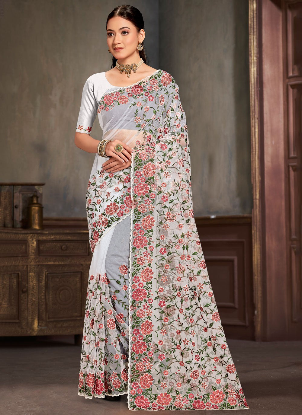 Embroidered Net White Saree S14446