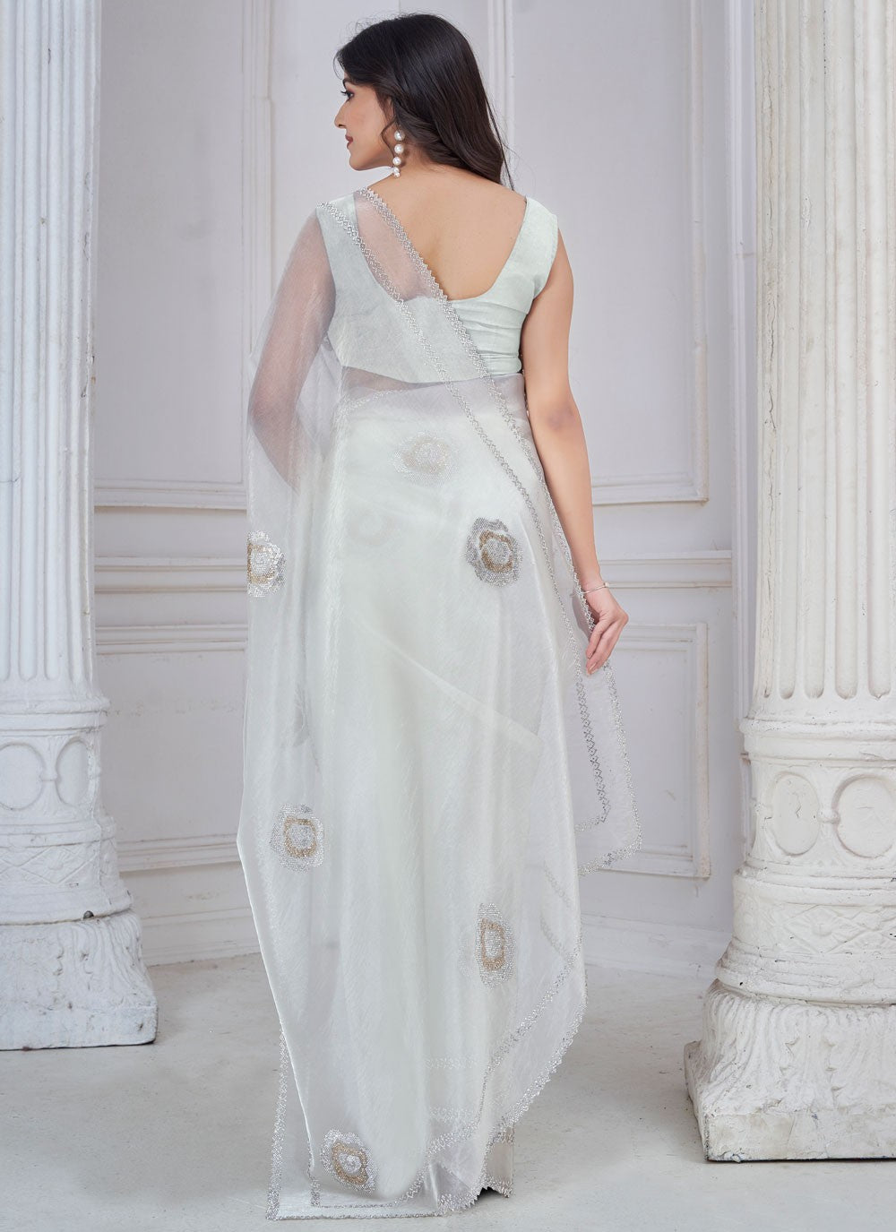 Swarovski Organza White Traditional Saree S15117