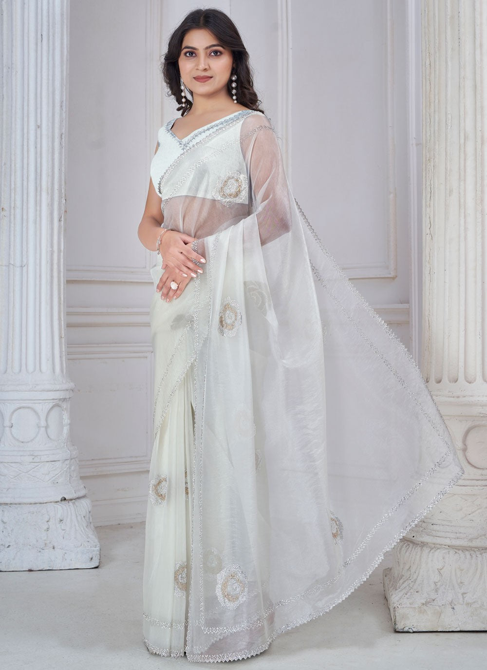 Swarovski Organza White Traditional Saree S15117
