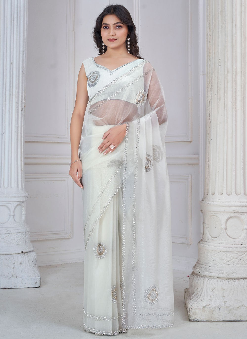 Swarovski Organza White Traditional Saree S15117