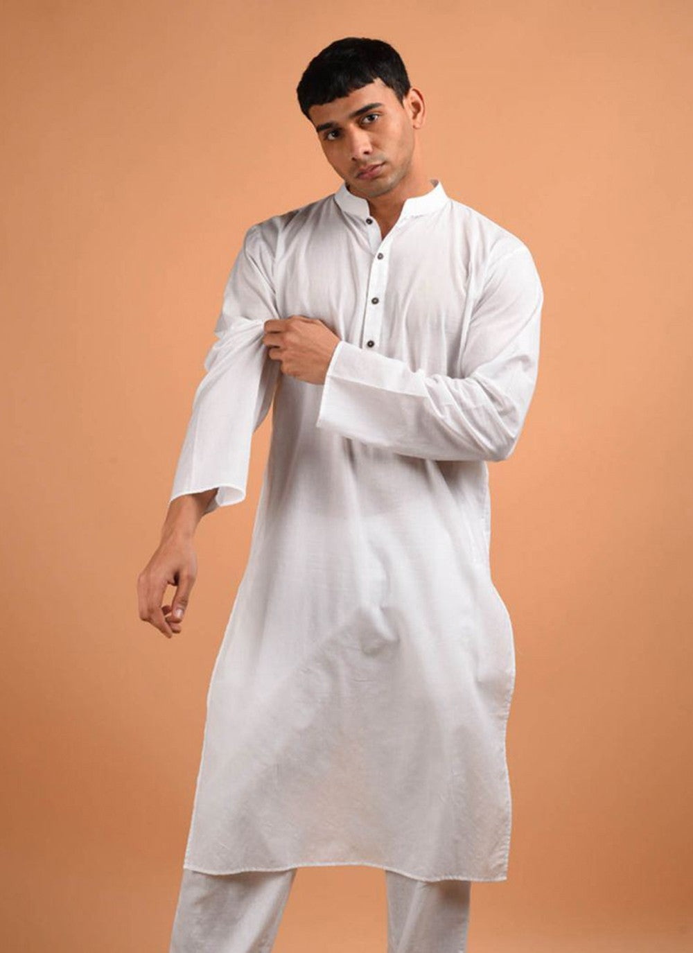 Plain Blended Cotton White Kurta - M6168