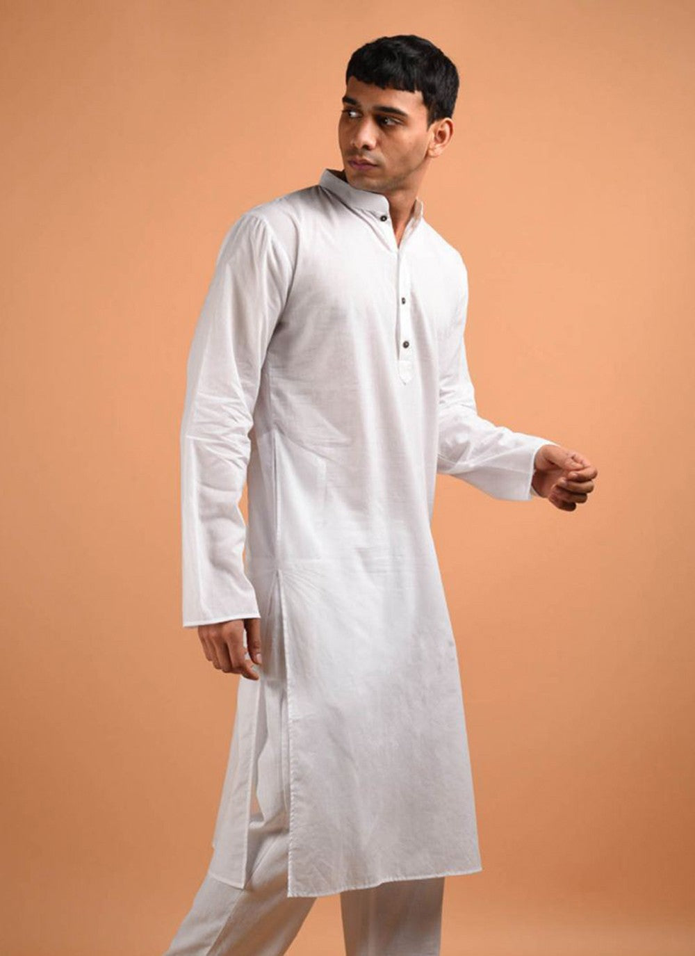 Plain Blended Cotton White Kurta - M6168