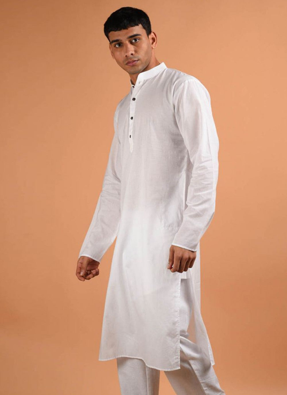 Plain Blended Cotton White Kurta - M6168